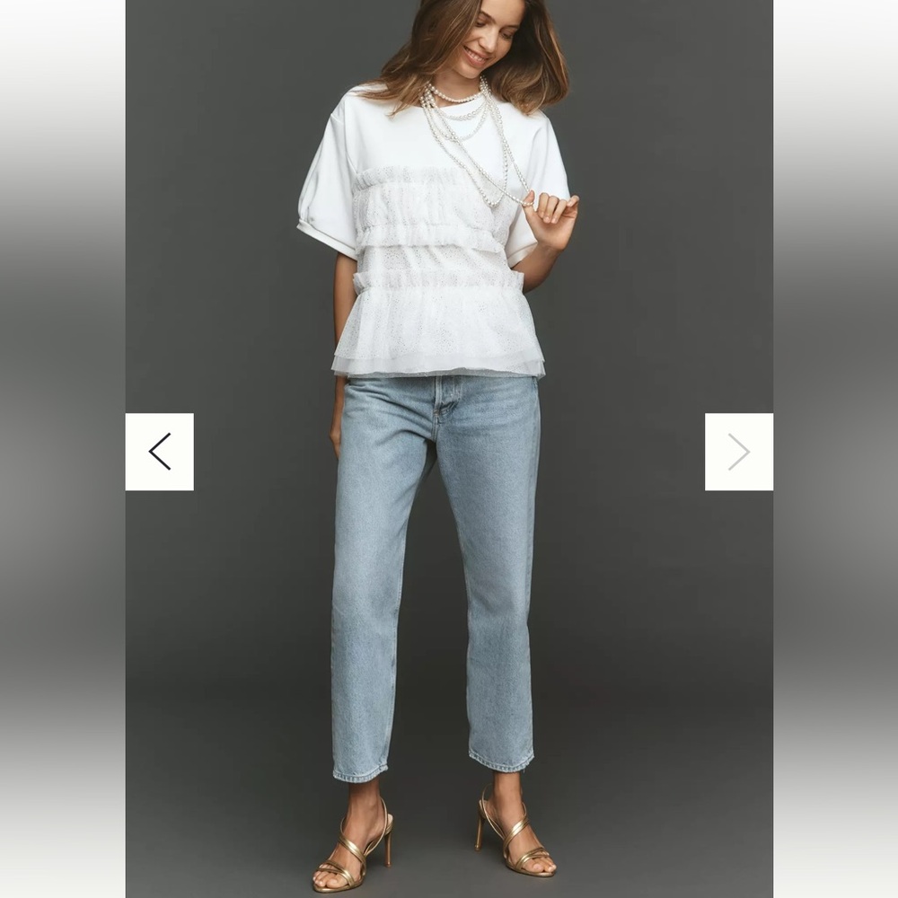 Anthropologie Maeve Short-Sleeve Smocked Ruffled Sweatshirt Glitter Tulle XS NWT - Picture 3 of 12